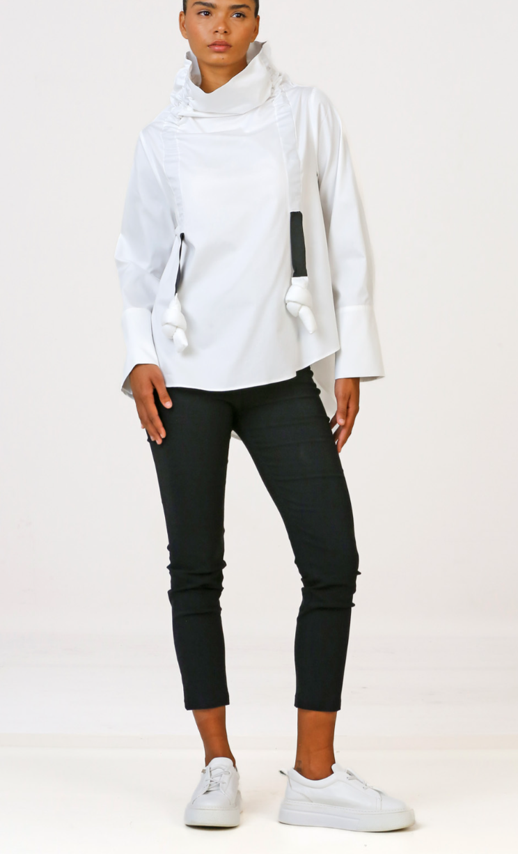 High Collar Gathered Blouse - White